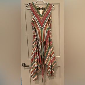 Moscloth Lace & Mesh Striped Belted Hankerchief Hem Dress